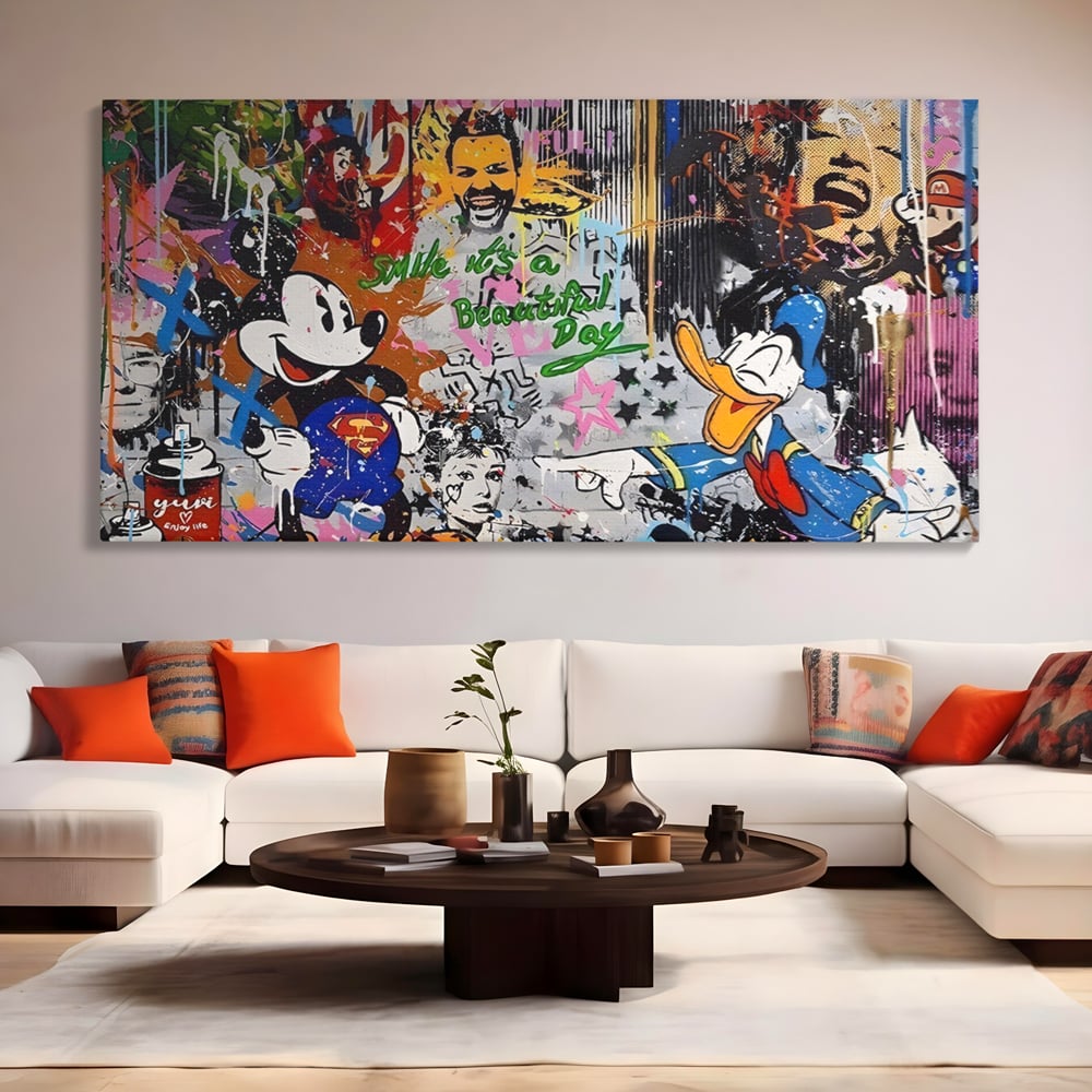 Tablou canvas cu tablou canvas cu graffiti si desene animate, fara rama, pe sasiu de lemn, pe perete intr-un living
